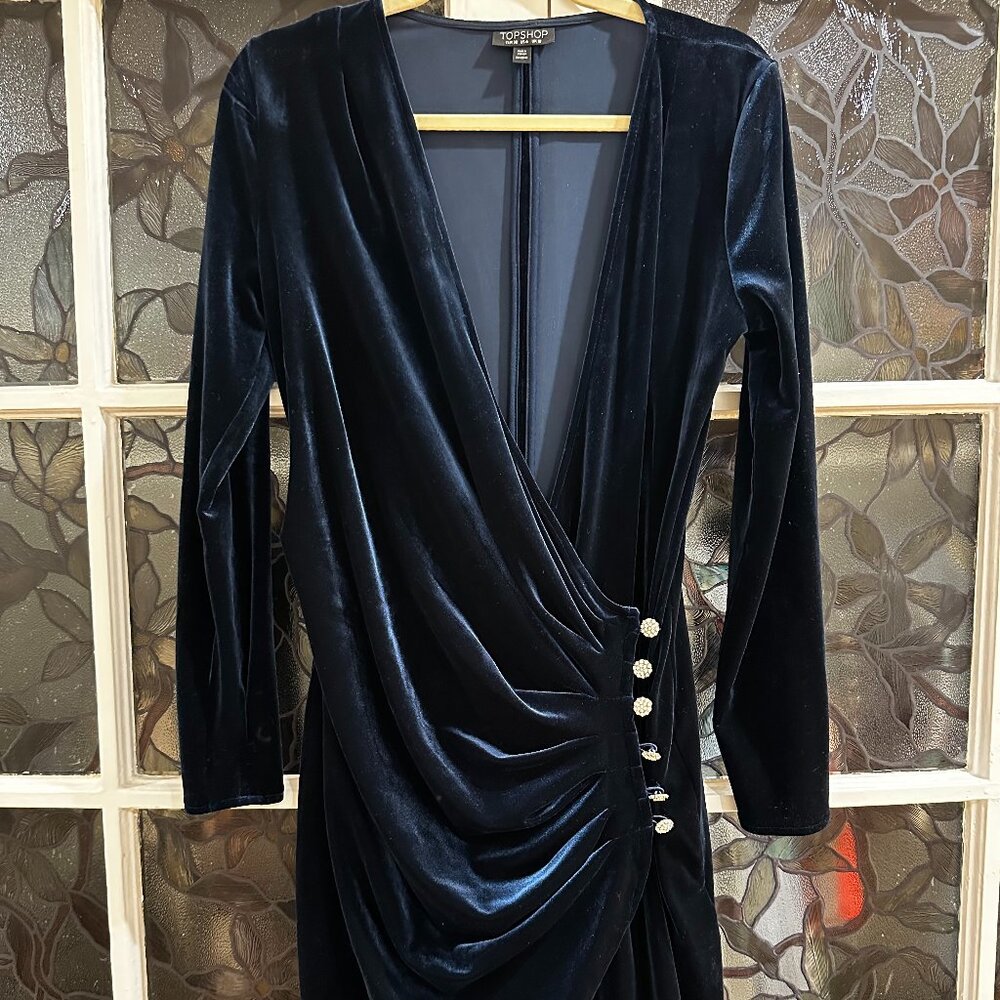 Topshop Blue Velvet Embellished Rhinestone Winter Holiday Wrap Dress Size 6